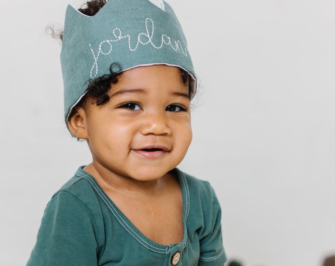 Personalized Green Linen Birthday Crown, First Birthday Keepsake