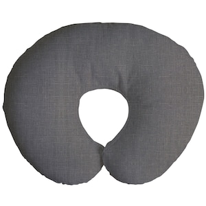 May include: A gray, U-shaped nursing pillow with a textured fabric cover.