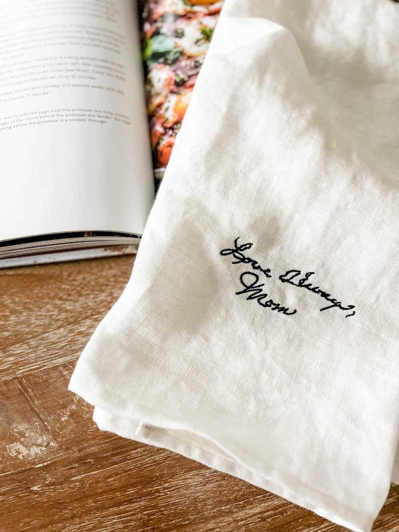 Remembrance Gift, Memory Gift Handwriting, Custom Embroidered Handwriting Tea Towel, Flour Sack White Towel Family Heirloom Keepsake Black