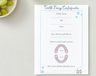 Tooth Record, First Tooth Certificate, Fairy Printable, Tooth Fairy Receipt Printable Certificate for Kids, Tooth Fairy Note Download