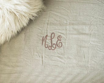 Può includere: Un lenzuolo per culla verde chiaro con un monogramma marrone chiaro. Un soffice cuscino in finta pelliccia bianca si trova nell'angolo in alto a sinistra. Il lenzuolo è leggermente stropicciato, suggerendo un tessuto morbido.