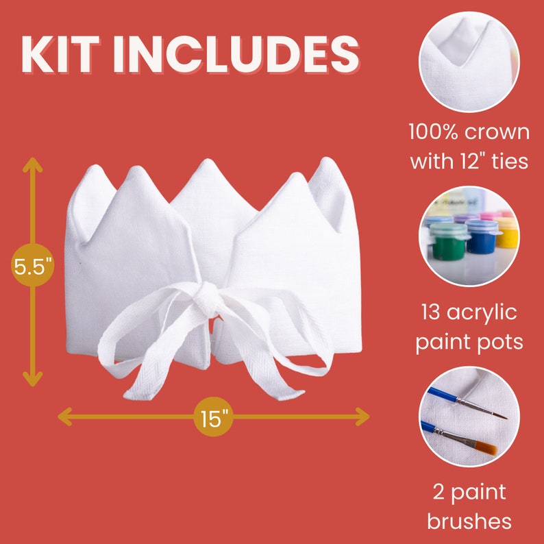 everything that comes inside the madly wish paint a crown kit for kids including a white linen crown, 13 paint pots, and 2 paint brushes