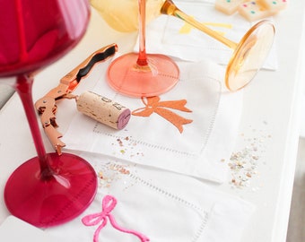 Linen Cocktail Napkin with Rainbow Bows Set of 6, Linen Drink Napkin, Bar Cart Napkins, Embroidered Cocktail Napkins, Colorful Bow Napkins