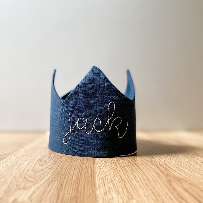 Blue 1st Birthday Party Hat, Custom Personalized Birthday Crown for Boys, Embroidered Birthday Crown, Cake Smash Hat, Navy Fabric Kids Crown image 2