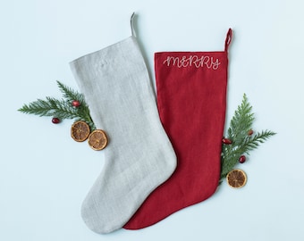 Linen Christmas Stockings Personalized Neutral, Embroidered Stockings Christmas Traditional, Custom Stockings, Xmas Stockings