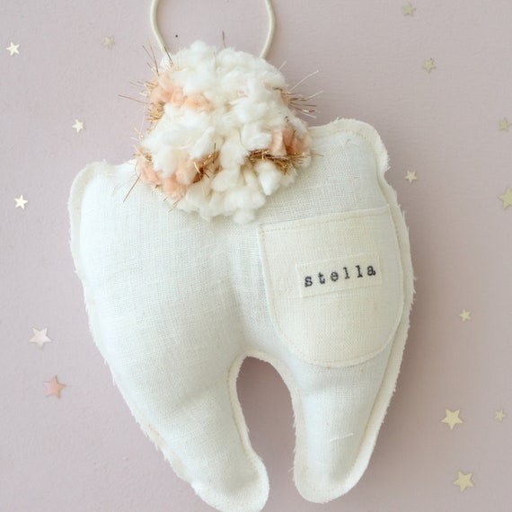 Custom Name Tooth Fairy Pillow with Pocket and Hang Cord, Neutral…