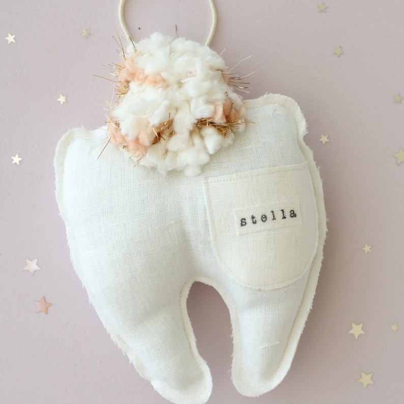 Custom Name Tooth Fairy Pillow with Pocket and Hang Cord, Neutral Personalized Tooth Cushion for Boy or Girl, Keepsake Baby Shower Gift image 2