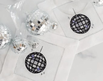 Disco Ball Embroidered White Cocktail Napkins
