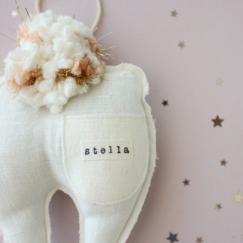 Custom Name Tooth Fairy Pillow with Pocket and Hang Cord, Neutral Personalized Tooth Cushion for Boy or Girl, Keepsake Baby Shower Gift Coral