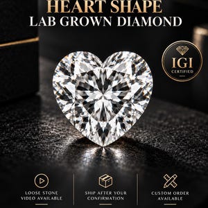 Op de afbeelding: Een hartvormige in het laboratorium gekweekte diamant met briljant slijpvorm, voorzien van de tekst PREMIUM QUALITY HEART SHAPE LAB GROWN DIAMOND en een IGI CERTIFIED zegel. Bevat iconen voor video, verzending en maatwerk.