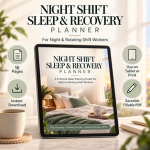 May include: A digital Night Shift Sleep & Recovery Planner displayed on a tablet screen. The cover features a bedroom scene with text reading Night Shift Sleep & Recovery Planner, A Practical Sleep Planning Toolkit for Night & Rotating Shift Workers.