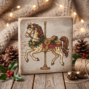 May include: A square wooden block featuring a detailed illustration of a carousel horse. The horse is cream-coloured with a brown mane and tail, adorned with a festive green holly garland, red berries, and a gold saddle on a central pole.