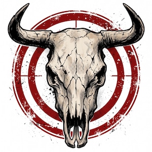 May include: A graphic illustration of a weathered, off-white bull skull with prominent horns, centered over a distressed, circular red target design with black ink-style splatter accents and fine crosshair lines on a plain white background.