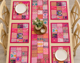 Pink Khambadiya Patchwork Table Runner & 6 Placemats Set, Handmade Cotton Dining Decor
