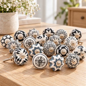 Handmade Black & White Ceramic Cabinet Knobs, Assorted Vintage Designs, Brass Hardware (Set of 10)