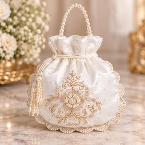 May include: A white satin drawstring pouch handbag featuring a pearl bead handle, a scalloped lace border, and intricate gold thread embroidery with central floral motifs. The bag includes a side tassel with hanging pearl beads.