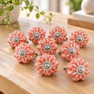 Orange and White Ceramic Flower Knobs, Set of 8 Handmade Drawer Pulls, Silver Tone Cabinet Handles, Vintage Dresser Hardware