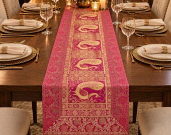 Magenta Gold Banarasi Brocade Table Runner, Peacock Floral Indian Dining Decor (60x16 Inch)