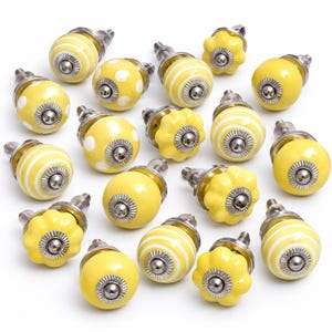 Set of 6 Yellow Ceramic Cabinet Knobs, Assorted Vintage Designs (1.25 Inch)