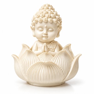 Könnte beinhalten: Eine cremefarbene Figur eines jungen Buddha mit geschlossenen Augen und gefalteten Händen in Gebetshaltung, die in einer großen, geöffneten Lotusblüte sitzt. Die Skulptur zeigt detaillierte, strukturierte Blütenblätter und eine lockige Frisur.