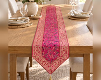 Magenta Hot Pink Ari Zari Embroidered Table Runner, Banarasi Brocade, Indian Decor (72x14 Inch)