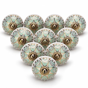Pomelli per mobili in ceramica verde chiaro, set da 6 – Maniglie rotonde per cassetti con decorazioni floreali dorate, realizzate a mano, per armadi e cassettiere, stile antico