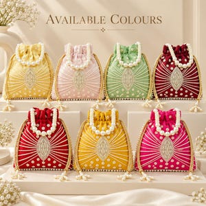 May include: Six drawstring pouches in yellow, light pink, light green, dark red, mustard, and fuchsia. Each pouch features a central oval beaded motif, radiating beaded lines, small floral accents, and a white pearl handle.