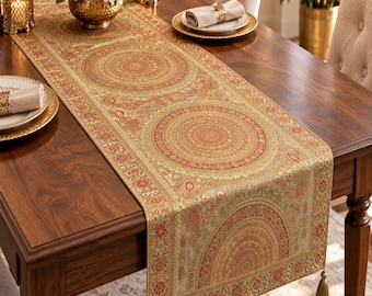 Banarasi Table Runner, Polyester Blend, Traditional Indian Floral Paisley Design (16x72 Inch)