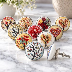 Tree & Bird Keramiska Skåpknoppar, Set med 10 – Handgjorda Blandade Vintage Lådhandtag för Byråer, Skåp och Köksskåp