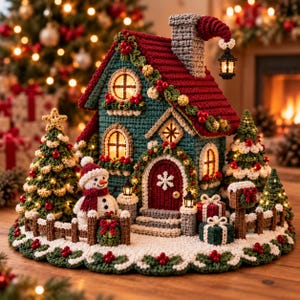 Pode incluir: Uma cena de aldeia de Natal feita à mão em croché, com uma casa azul-petróleo com telhado vermelho, chaminé e janelas iluminadas. O conjunto inclui um boneco de neve, três pinheiros decorados, presentes embrulhados e uma cerca.