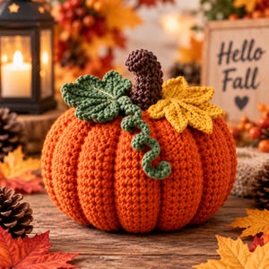May include: A crocheted orange pumpkin featuring a dark brown stem, a green crocheted leaf, a yellow crocheted leaf, and a green crocheted vine. The pumpkin has a textured, ribbed surface created by the yarn stitches, showcasing detailed craftsmanship.