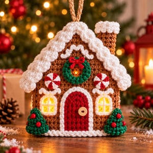 Könnte beinhalten: Ein gehäkelter Lebkuchenhaus-Anhänger mit brauner Struktur, weißem Zuckerguss-Rand, einer roten Tür mit Holzknopf, zwei beleuchteten gelben Fenstern, einem grünen Kranz mit roter Schleife sowie zwei kleinen grünen Tannenbäumen.