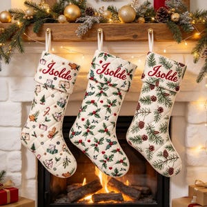 Aesthetic Nordic Christmas Stocking, Quilted Print, Embroidered Name, 18 Inch Gift Bag, Family Fireplace Decor