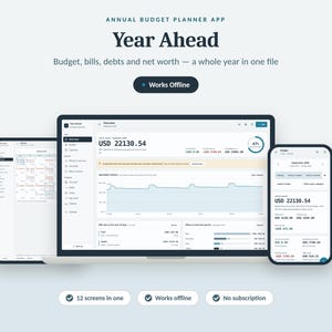 May include: An annual budget planner app displayed on a laptop, tablet, and smartphone. The screens show financial data, including USD 22130.54, charts, and calendars. Text includes Annual Budget Planner App, Year Ahead, Works Offline, and No subscription.