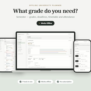 Könnte beinhalten: Ein Offline-Universitätsplaner auf einem Laptop, Tablet und Smartphone. Der Bildschirm zeigt Text, darunter "Offline University Planner", "What grade do you need?", "Semester", "Works Offline", "9 tools in one" und "No subscription".