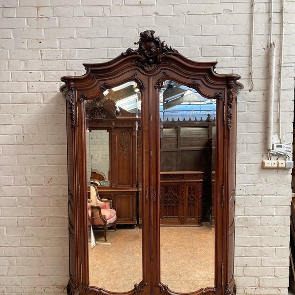 Antique French Rococo Armoire ~ Louis XV 2 Door Armoire ~ Mirrored Door Armoire