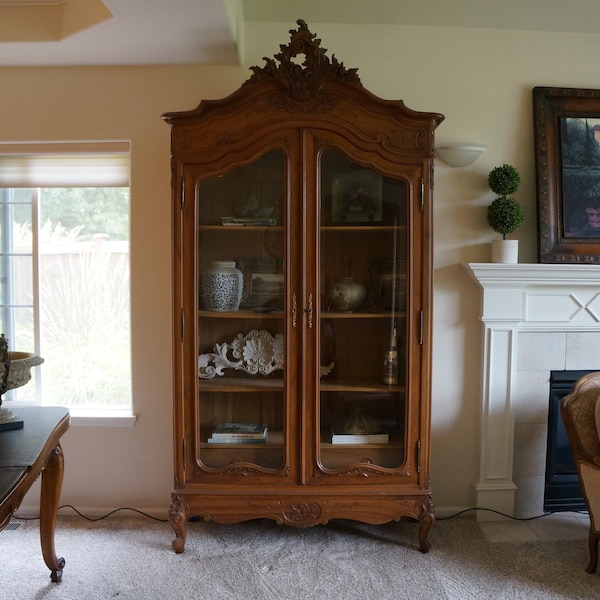 Antique French Rococo Armoire ~ Louis XV 2 Door Armoire ~ French Provincial Glass Front Display Cabinet