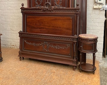 Louis XV Mahogany Full Bed ~ Marble Top Nightstand ~ Antique French Rococo Bed & Night Table