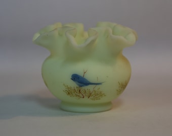 Fenton Art Glass ~ Custard Satin Vase ~ Ruffled Edge Hand Painted Blue Bird Glass Vase