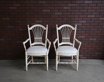 Dining Arm Chairs ~ Wheatback Dining Chairs ~ Country French Dining Arm Chairs by Ethan Allen ~ A Pair