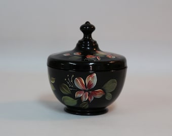 Fenton Art Glass ~ Black Glass Covered Box ~ Candy Dish ~ Hand Painted Flowers Container With Lid