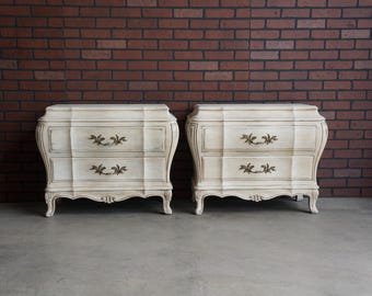 Karges Hand Painted French Provincial Nighstands ~ Bombe Style Bedside Chests ~ A Pair