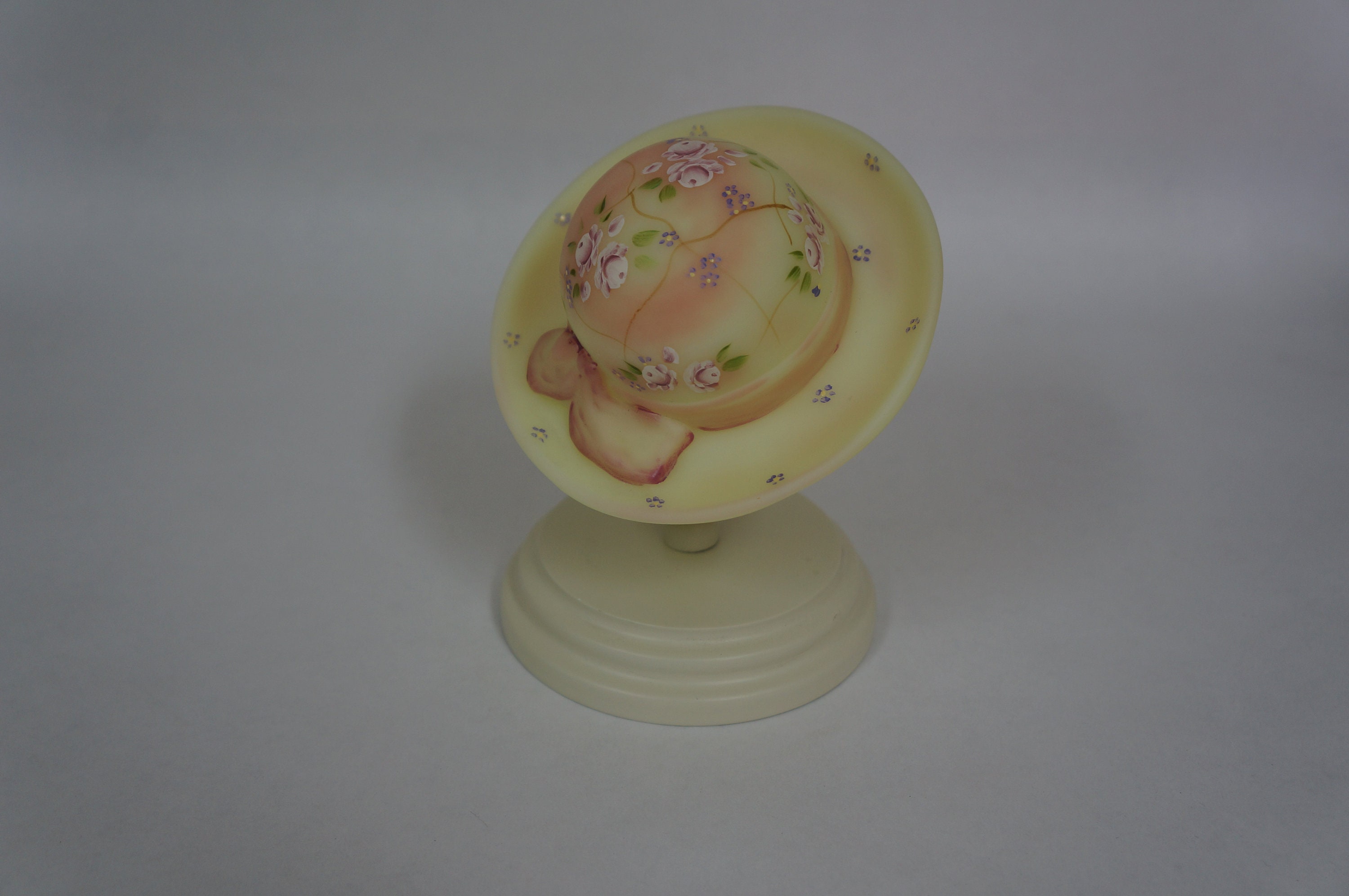 Fenton Glass ~ Burmese Sanded Hand Painted Hat With Stand ~ Collectable Fenton