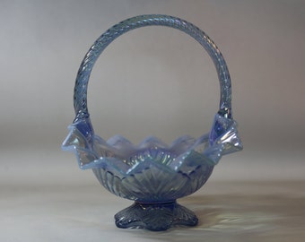 Fenton Art Glass ~ Blue Carnival Glass Basket ~ Large Fenton Basket