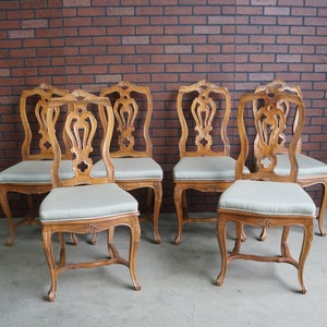 French Antique Side Chairs ~ Splat Back Dining Chairs ~ Hand Carved Wood Frame Dining Chairs ~ Set of 6