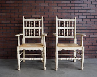 French Farmhouse Chairs ~ Rustic Oak Dining Arm Chairs ~ Rush Seat Dining Chairs ~ A Pair