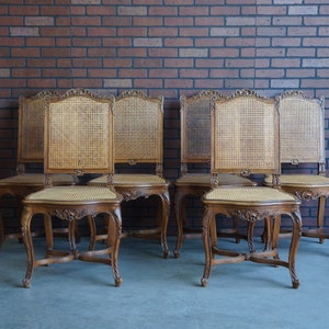 French Antique Side Chairs ~ Cane Dining Chairs ~ Carved Wood Frame Dining Chairs ~ Set of 6