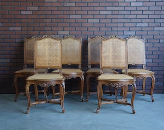 French Antique Side Chairs ~ Cane Dining Chairs ~ Carved Wood Frame Dining Chairs ~ Set of 6