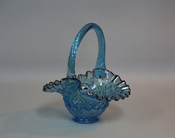 Fenton Art Glass ~ Blue Carnival Glass Basket ~ Fenton Basket