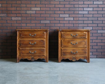 Nightstands ~ Bedside Chests ~ Night Tables ~ French Provincial Nightstands ~ Country French Three Drawer Nightstands by Ethan Allen ~ Pair